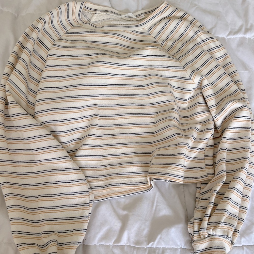 Cropped yellow, white, and navy crewneck